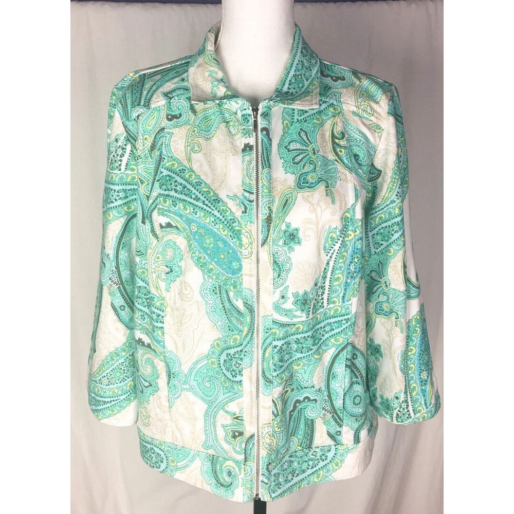 Chico's‎ Cotton Blend Green Ivory Zip Up Paisley Jacket- Size 2